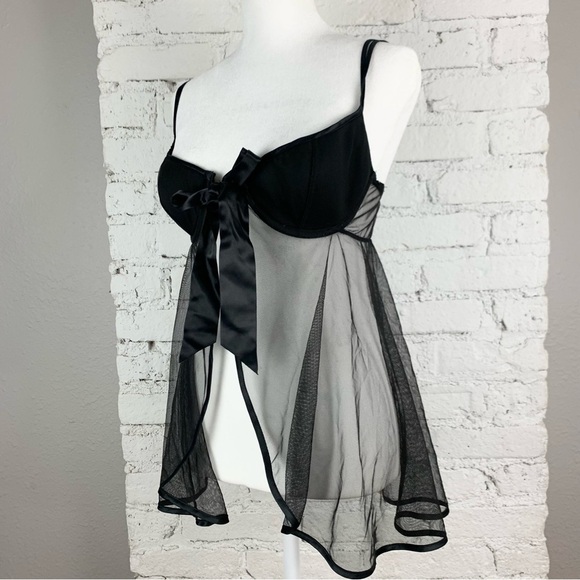 Y2K Victorias Secret Babydoll Cami Black Front Tie Padded Negligee Teddy Dress M - Picture 2 of 6